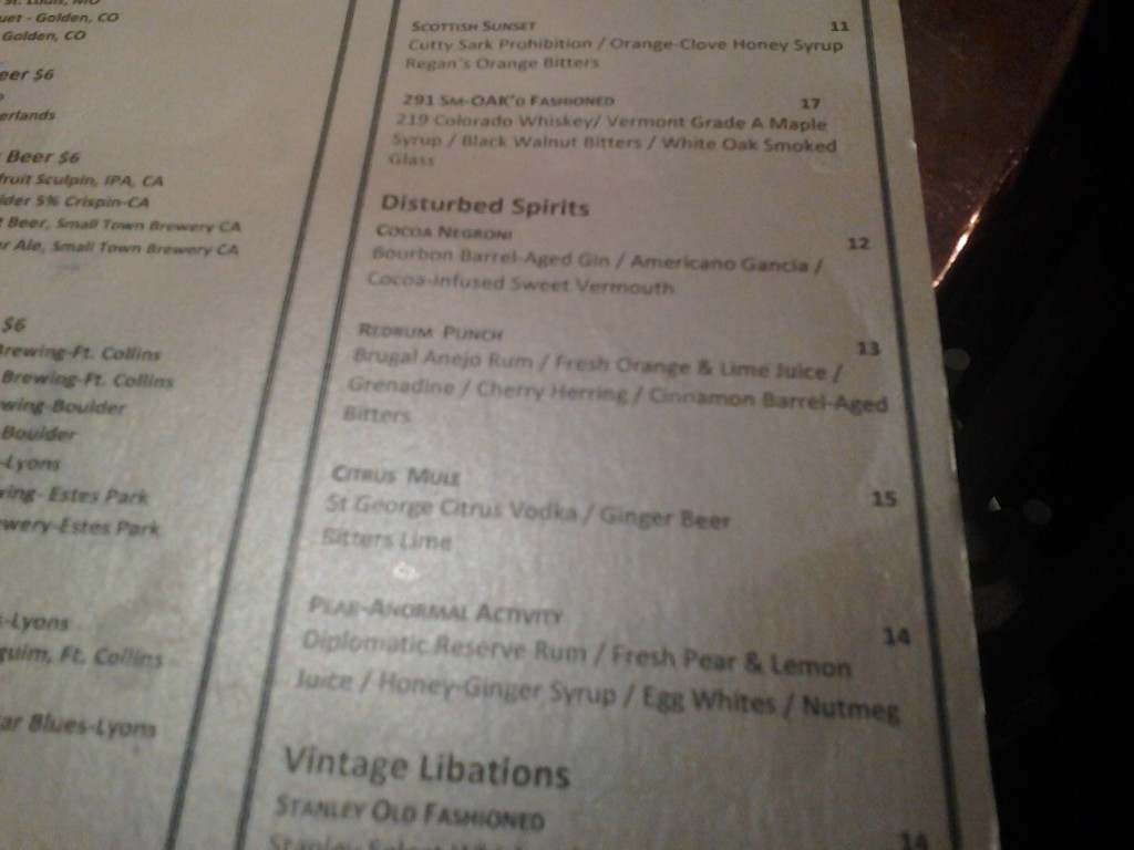 Stanley Hotel drinks menu: "Disturbed Spirits"
